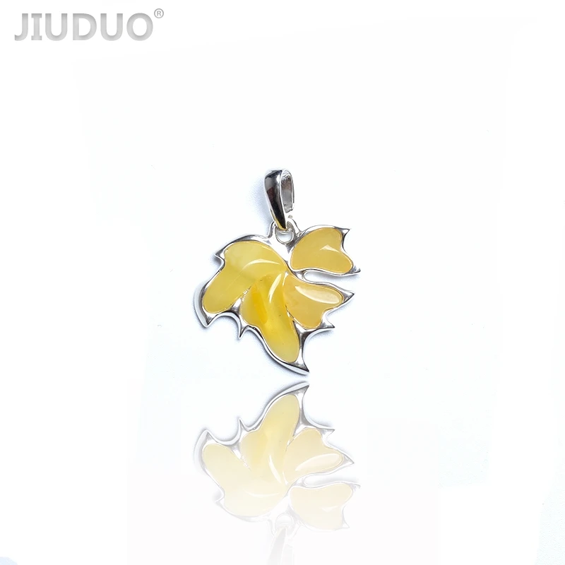 

JIUDUO jewelry 925 silver inlaid natural butter yellow old beeswax old amber necklace pendant antique European back