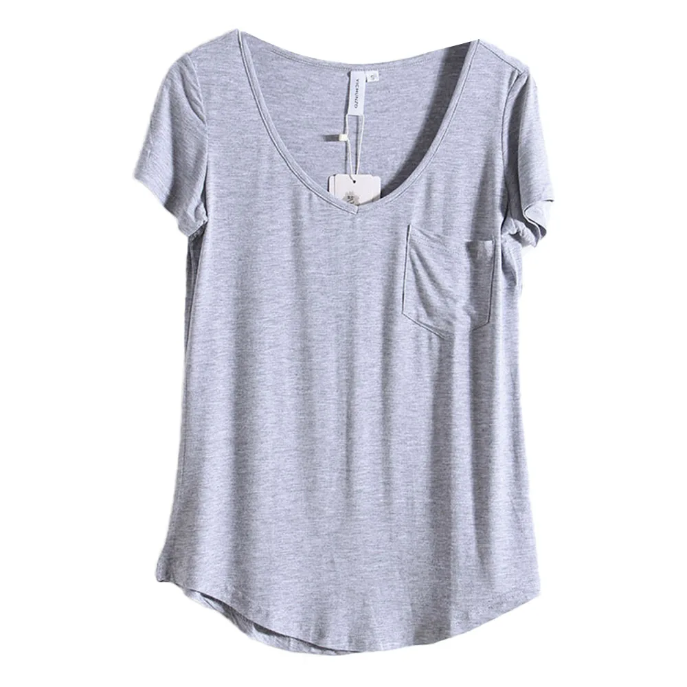 Новые летние женские модальные свободные футболки с v-образным вырезом Мягкие Однотонные блузки с коротким рукавом топы