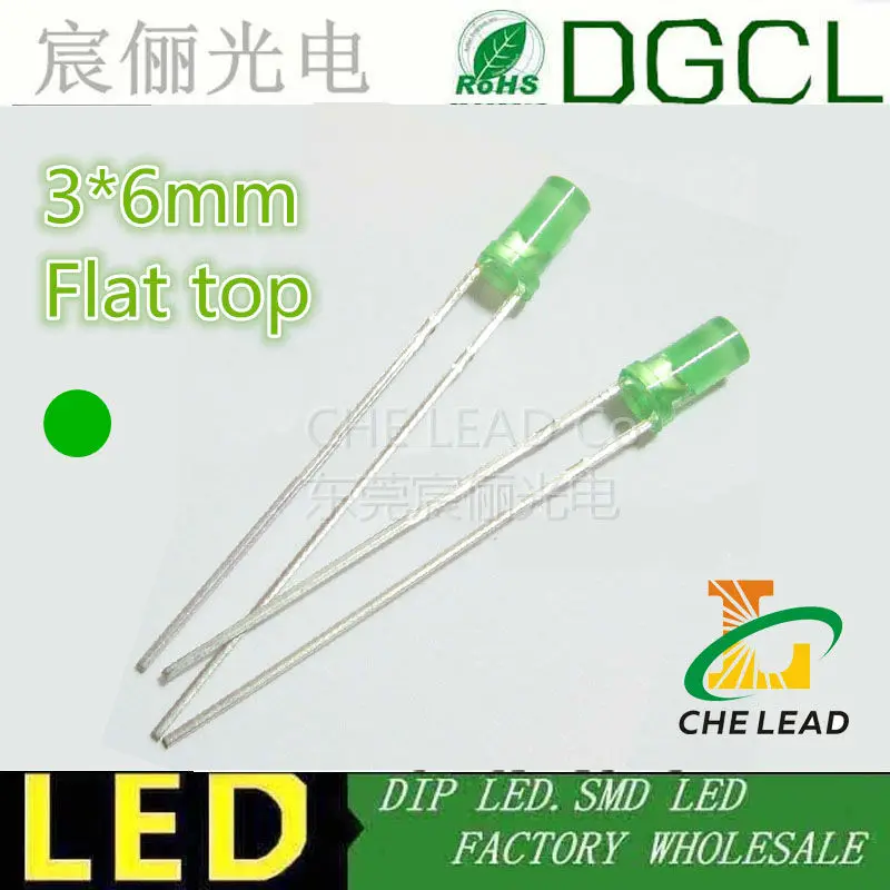 3*6 мм чистый зеленый высокий плоский Топ 3 мм светодиодный Диод с бахромой dip led 520-525nm круглая лампа индикатора 3,0-3,2 в(CE& Rosh