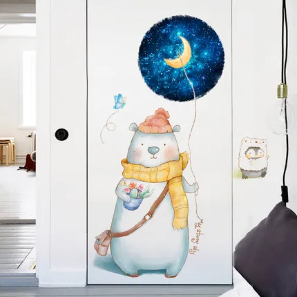 Cute Bear Door Home Decor Wall Stickers DIY Cartoon Animal Kids Room Nursery Decortaion Poster Wallpaper
