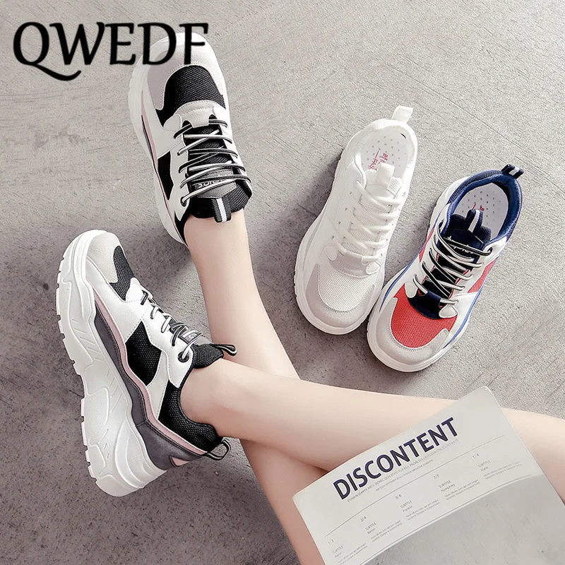 

QWEDF Womens Sneakers Shoes 2019 Fashion Lace-Up Shallow Casual Shoes Med Thick Bottom Luxury Shoes Women Designers GB-20