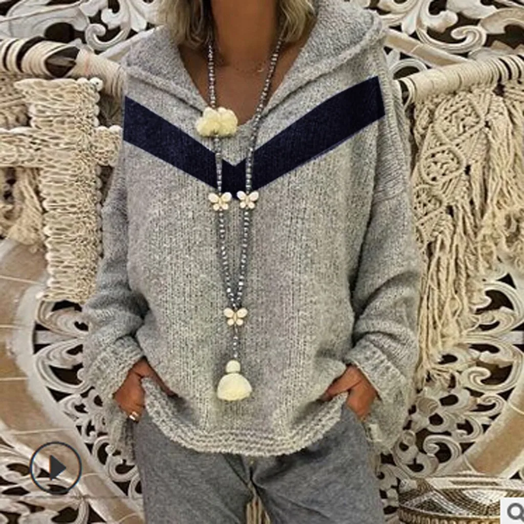 

Women Long Sleeve V-Neck Sweather Fashion Patchwork Full Sleeve Length Pullover Regular Tops Polyester Stripe Pattern Type YJ