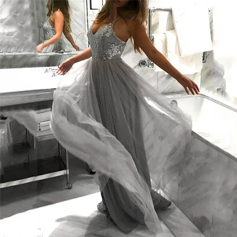 

Sexy Fashion Women Summer Dresses V Neck Maxi Sequin Spaghetti Strap Polyester Casual Dress Party Night Sundress z0129