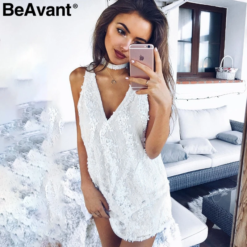 

BeAvant Halter white lace sequins summer dress Women sexy deep v neack sleeveless short dress Causal party club dress vestidos