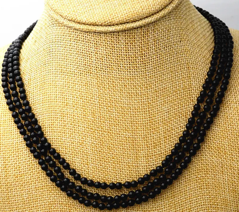 

NEW Fashion jewelry 3 rows 4 mm natural black onyx bead Necklace 17-19 "AAAR