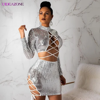

Sexy Sequin Bandage Women 2pcs Sexy Lace Up Crop Top Hole Side Mini Bodycon Skirts Two Piece Sets Long Seleeve Silver Suit