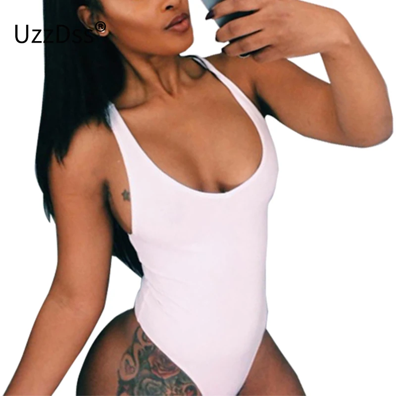 

UZZDSS Sexy Deep O Neck Halter Steel Solid Jumpsuit Romper Women Tops Elastic Slim Backless Short Bodysuit Summer Beach Wear