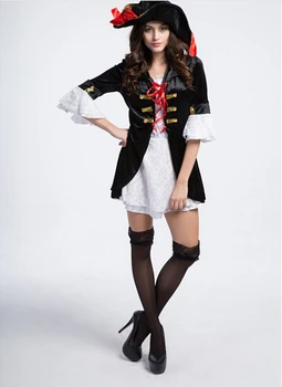 

Free shipping Cosplay party pirates of the Caribbean clothes dress&hat black women sexy uniform carnival halloween costume