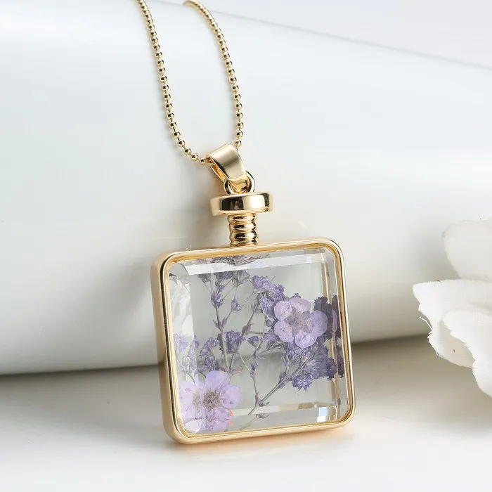 Стеклянный медальон новое ожерелье женское из сплава настоящий сушеный фиолетовый медальон с цветком кулон ожерелье s(бесплатные цепочки