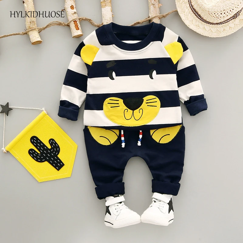 HYLKIDHUOSE 2017 Autumn Infant Newborn Cotton Clothes Sets Baby Boys Girls Suits Stripe Cartoon T Shirt