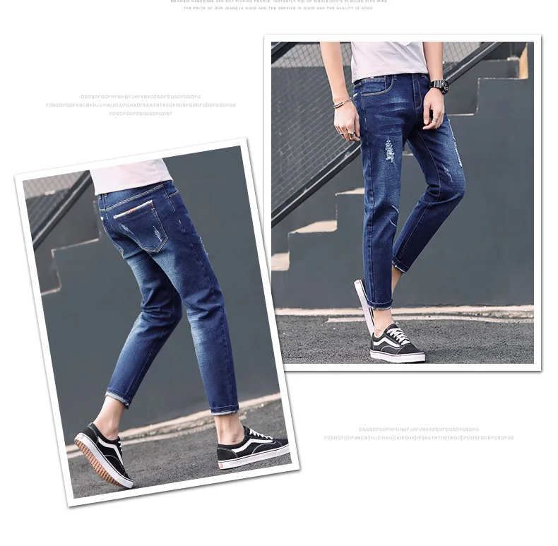 Высокое качество Однотонные джинсы 2018 Новая мода стирка царапины отверстия Для мужчин джинсы лодыжки Длина мужской Slim Fit джинсовые узкие