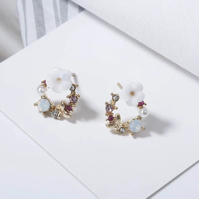 Новая мода Кристалл цветок серьги гвоздики для женщин Белый Синий Круглый Серьги подарок на день рождения ювелирные изделия EZ21
