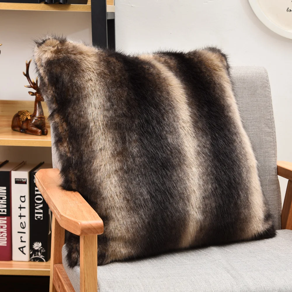 

Luxury Imitation Fox Fur Cushion Cover Brown Stripe Faux Fur Pillowcase For Sofa Car Decorative Fluffy PU Leather Pillow Cover