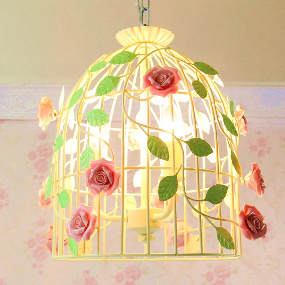 

Design Chandelier LED Penthouse Home Lighting Bird Cage Flower Lamp 110-220v Green Pendant Dining Room Iron Lights Luminarias