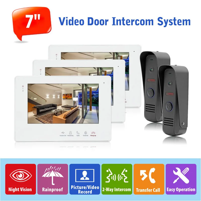 

English/Russian/French/Spanish Wired Audio Video Doorphone Intercom Systems Support Electronic Lock and Indoor Unlock,2 to 3