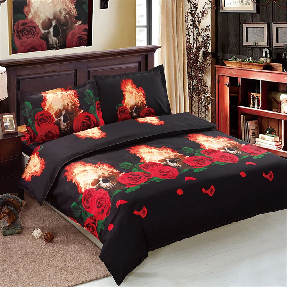 Halloween Fire Skull Bedding Set Red Rose Print Duvet Cover Set King Queen Bed Sheets Bed Linens