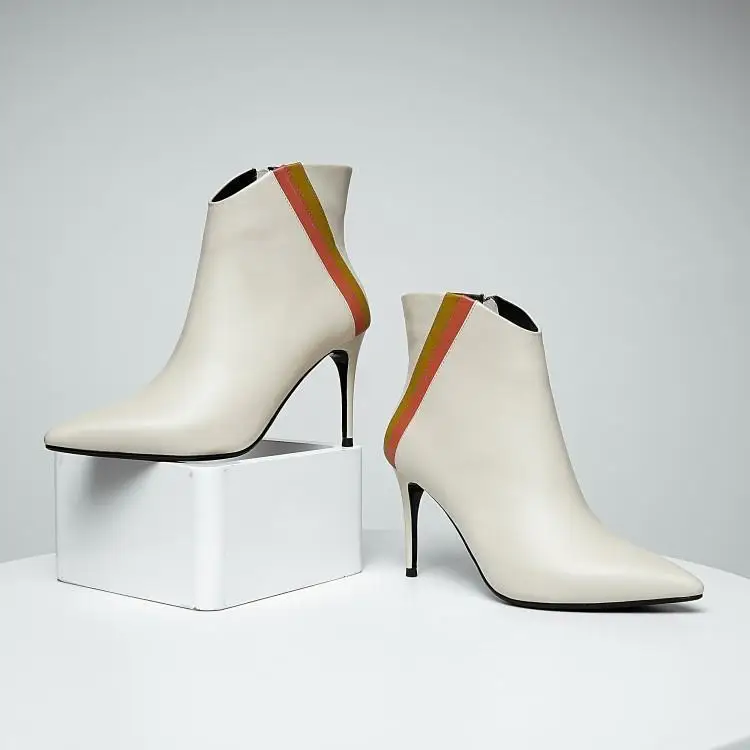 

2018 New Winter Women Ankle Boots Black White Leather Boots With Two Orange Green Belt Lady Botas Chic Pointed Toe Shoes Woman
