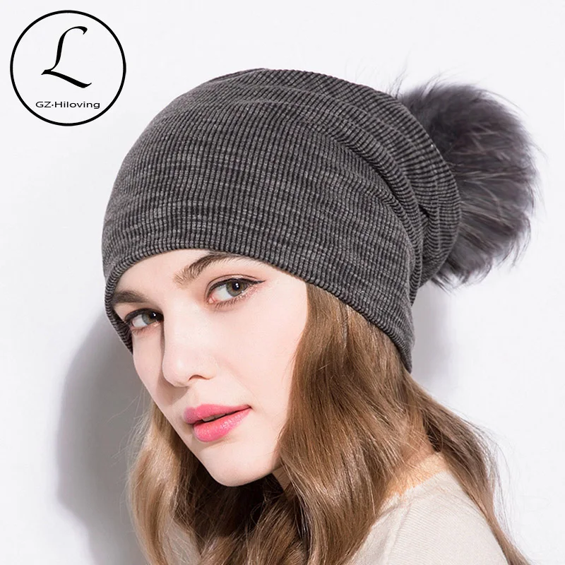 

GZHILOVINGL 2018 Spring Winter Cotton Solid Skullies And Beanies Womens Slouchy Ribbed Knit Beanies Hat Colored Fur Pom Pom Hat