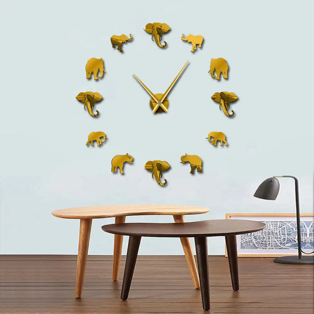 DIY Слон wall art Акриловые Безрамное гигантский настенные часы с зеркальной поверхностью эффект Большой висит часы декоративные дома гостиная спальня