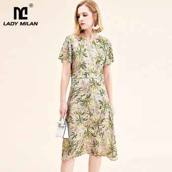 

100% Natural Silk Women's Runway Dresses O Neck Short Sleeves Floral Printed Summer Casual Holiday Dresses