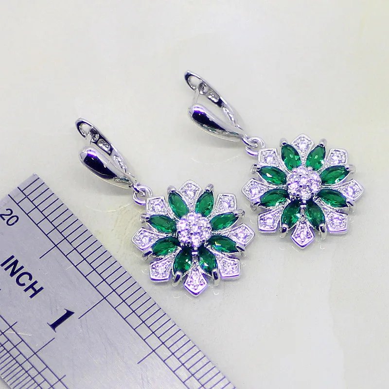 В форме цветка зеленый искусственный изумруд белый CZ 925 стерлингового серебра ювелирный набор для женщин Свадебные серьги/кулон/ожерелье/браслет