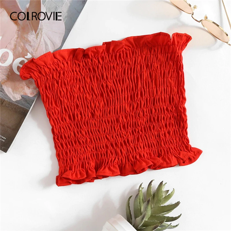 COLROVIE Neon Red Shirring корейский бюстгальтер Bandeau Топ женский Лето Черный без рукавов, приталенная Сексуальная футболка, рубашки Boho женские топы