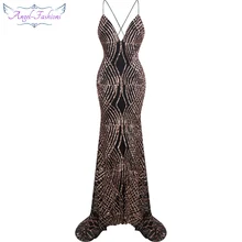 Angel-Fashion vestido de noiva длинное вечернее платье с тонкими бретельками и блестками черного цвета 224