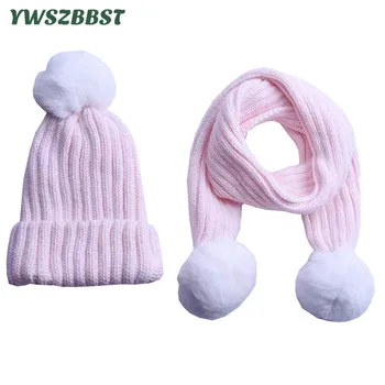 

New Baby Hat Scarf set Children Hats with Rabbits Fur Balls Winter Kids Caps Boys Girls Hat Scarf New Year Caps Scarf set