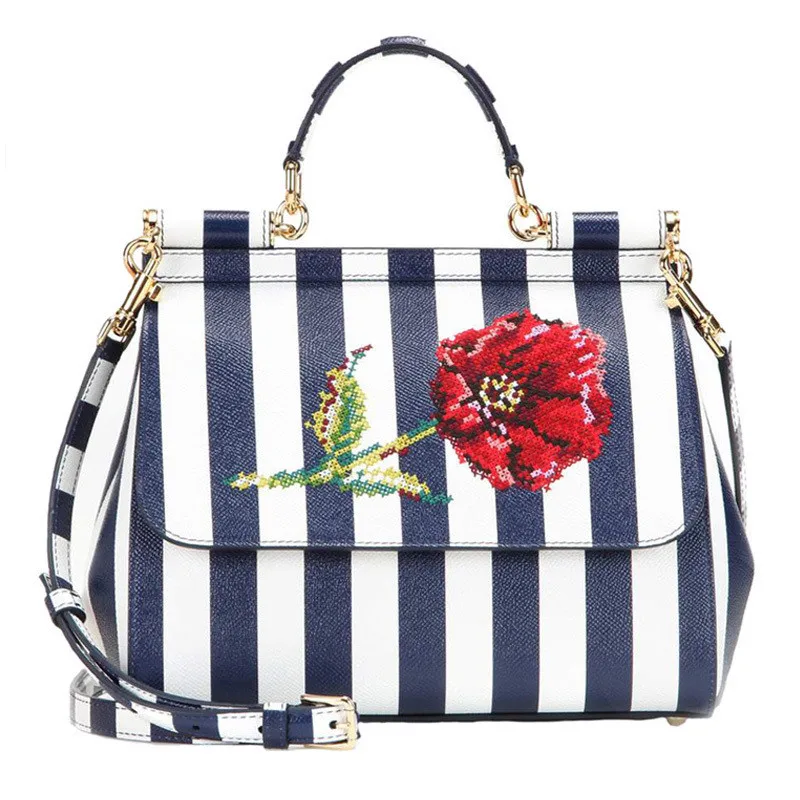 

2019 New Sicily Fashion Striped Print Business Women Leather Handbag High Quality Famous Designer Shoulder Messenger Bags