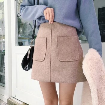 

Wool Pencil Skirts Women Harajuku Mini Skirts Korean Big Pockets Warp Skirts Streetwear Sexy Autumn Winter Short Skirt Slim Line