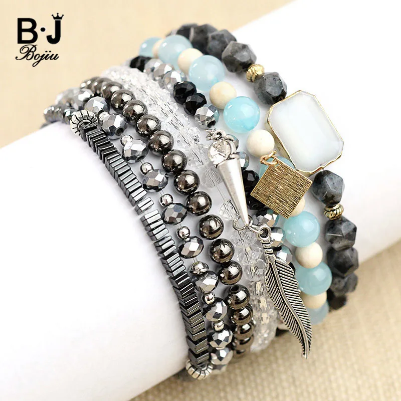 

BOJIU 7 Pcs/Set Trendy Multilayer Women Bracelets Blue Glass White Wood Beads Labradorite Hematite Crystal Bracelets BCSET122