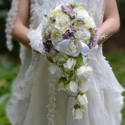 Ivory purple Cascading Bridal Bouquets De Mariage Roses Orchid Artificial Silk Flower Handmade Wedding Bouquet 2018 New Hot Sale