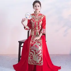 Для женщин Красный феникс вышивка Cheongsam древней китайской Свадебное платье костюм шифон элегантный Ципао пальто и юбка комплект из 2