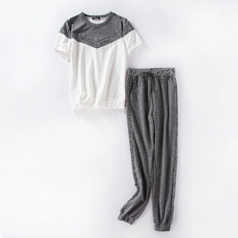 Cena ToLugui letni zestaw damski z krótkim rękawem strój sportowy patchwork o neck t shirt + spodnie 2 częściowy zestaw dres dla kobiet dresy