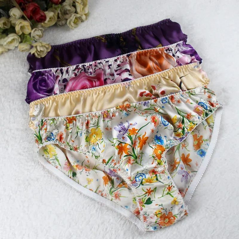 Plus Size Silk Panties Mulberry Silk Crepe Satin Print Thin Breathable