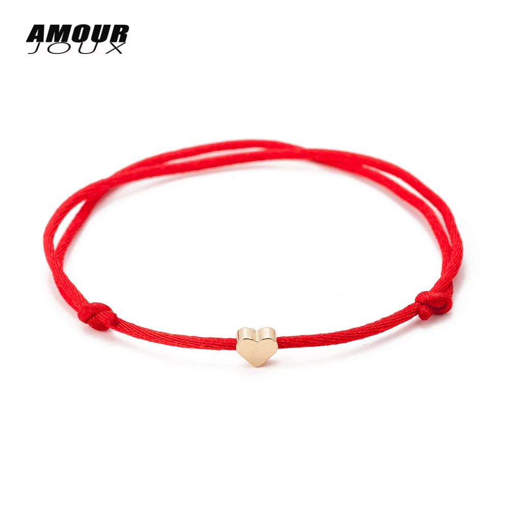 Red String Thread Polish Gold Color Heart Charm Bracelet For Women Men Red Adjustable Rope