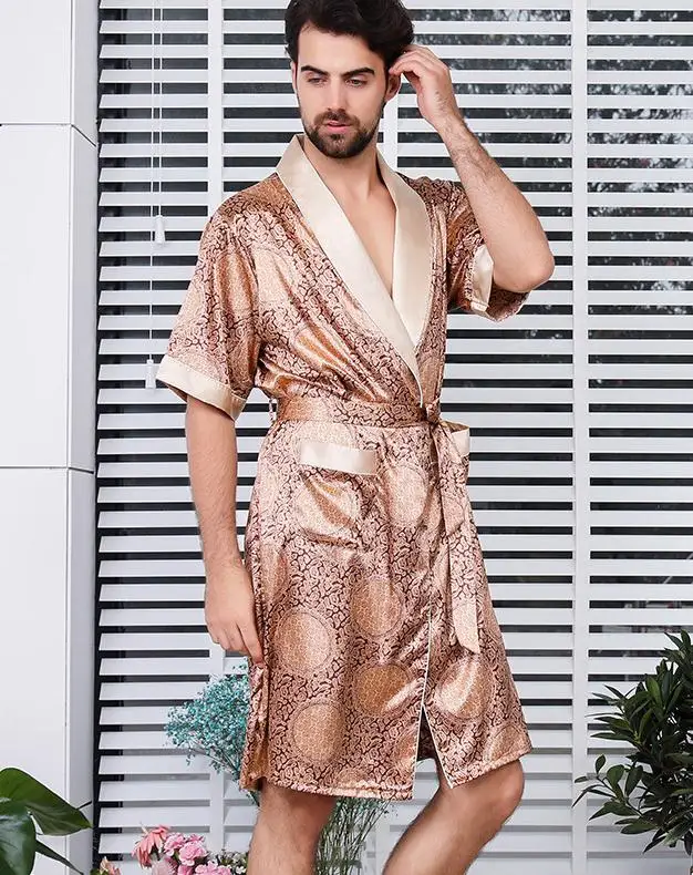 robe 3 Роскошные Дизайнерские мужские шелковые кимоно халат плюс 5XL с коротким рукавом пижамы халат негабаритных атласная ночная рубашка Летняя домашняя одежда - Цвет: robe 3