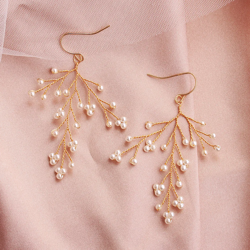 

Le Liin Handmade Twig Pearl Dangle Earrings Gold Bride Flower Earring