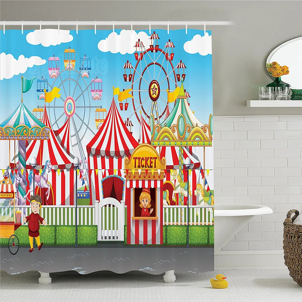 Circus Decor Shower Curtain Set Carnival With Many Rides And Shops ...