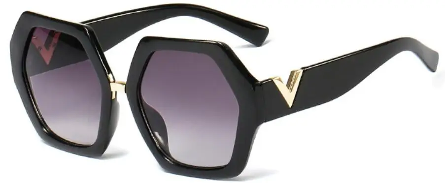 Новые Красные солнцезащитные очки дизайнерские металлические V украшения Солнцезащитные очки для женщин Роскошные брендовые шестигранные Солнцезащитные очки женские очки UV400 - Цвет линз: C4 bright black gray