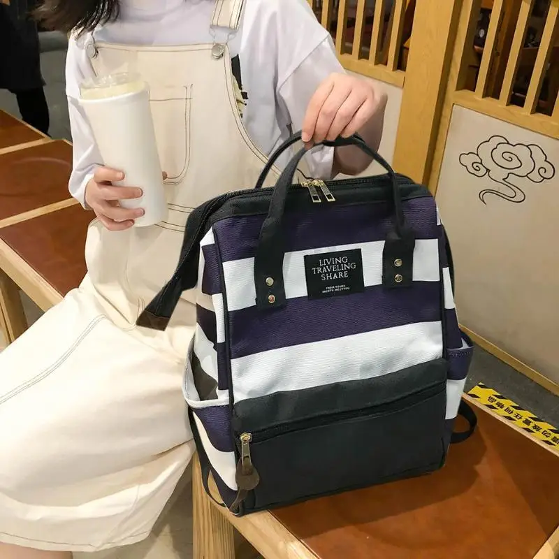 

Fashion Stripe Travel Backpacks Women Canvas Shoulder Top-handle Bags Large Capacity Outdoor Sport Climbing Camping Bag