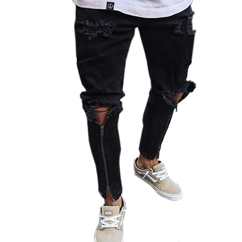 High end Ankle Zipper Hiphop Men Jeans Plus Size Knee Holes Joggers Man ...