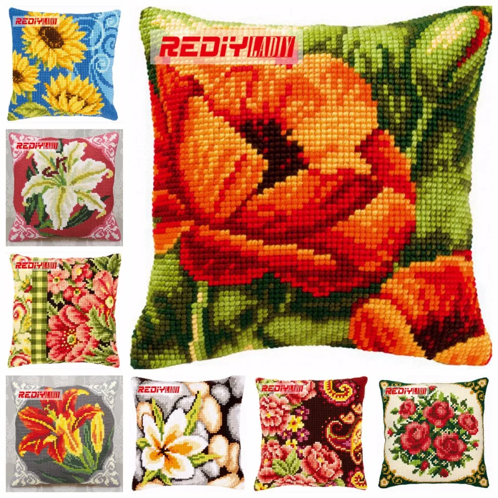 REDIY Cross Stitch Cushion Cover POPPIES FLOWERS Decorative Pillow Case