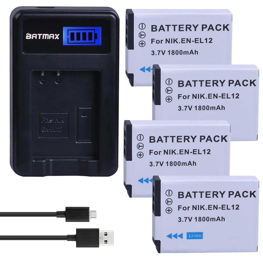 Батарея для камеры Batmax 4 шт. EN EL12 + ЖК Зарядное устройство USB Nikon Coolpix S9700 S9500 S9400 S9300