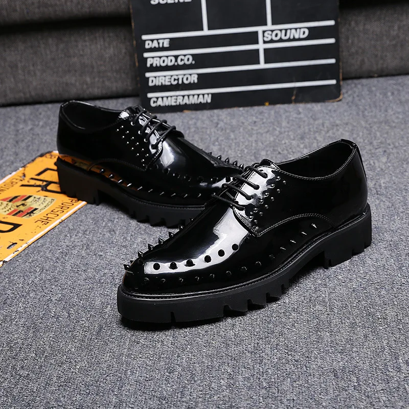 Da Bling Sapatos Do A De Brilho Flats B Moda Apontado type Masculinos Type Lace Couro Oxfords Homens Mens Up Pé Vestido Dedo Rebite Festa Casamento wFBB0nX