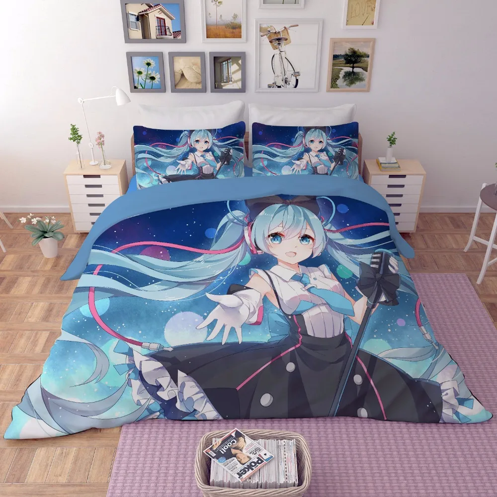 

2018 new Cool 3/4Pcs bedding set Anime black blue Hatsune Miku 3D printed Pillowcases Bed flat Sheet linen Duvet Cover textile