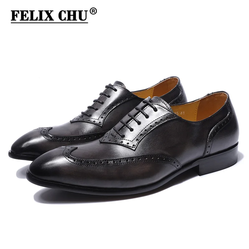 FELIX CHU Genuine Leather Lace Up Men Gray Brogue Oxford Casual Business Footwear Man Dress Shoes With Wingtip Detail