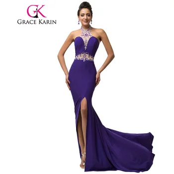 Elegant Micro-Fiber Halter Long Slim Sheath Mermaid Purple Prom Dresses Floor Length Sequins Beading Sexy Prom Gown Formal Party