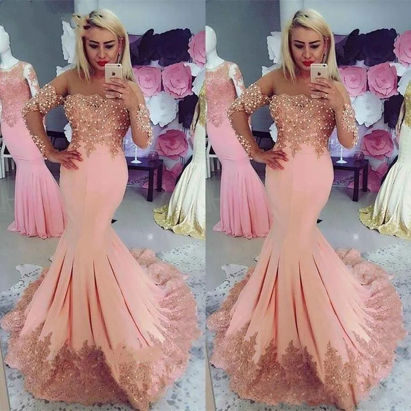

Avondjurk Pink Formal Dress Beaded Abito da sera Full Sleeves Mermaid Evening Gowns Customized Formal Dresses Sheer Neckline