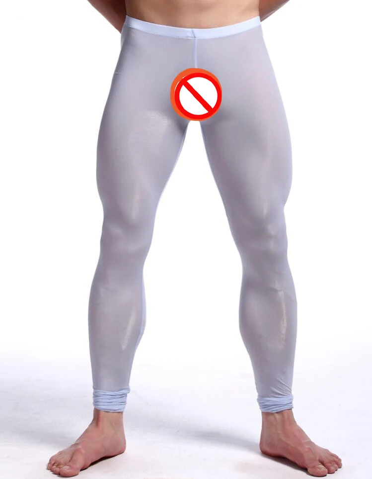 light blue Новинка, мужские брендовые сексуальные нейлоновые прозрачные кальсоны, Homme Lce, шелковые леггинсы с прозрачной вставкой, штаны, спандекс, колготки для отдыха, нижнее белье - Цвет: light blue